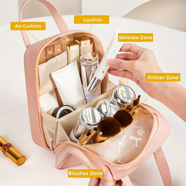Large Capacity Travel Makeup Bag for Women - Waterproof Synthetic Leather Cosmetic Organizer with Dividers, Handle & Zipper Closure