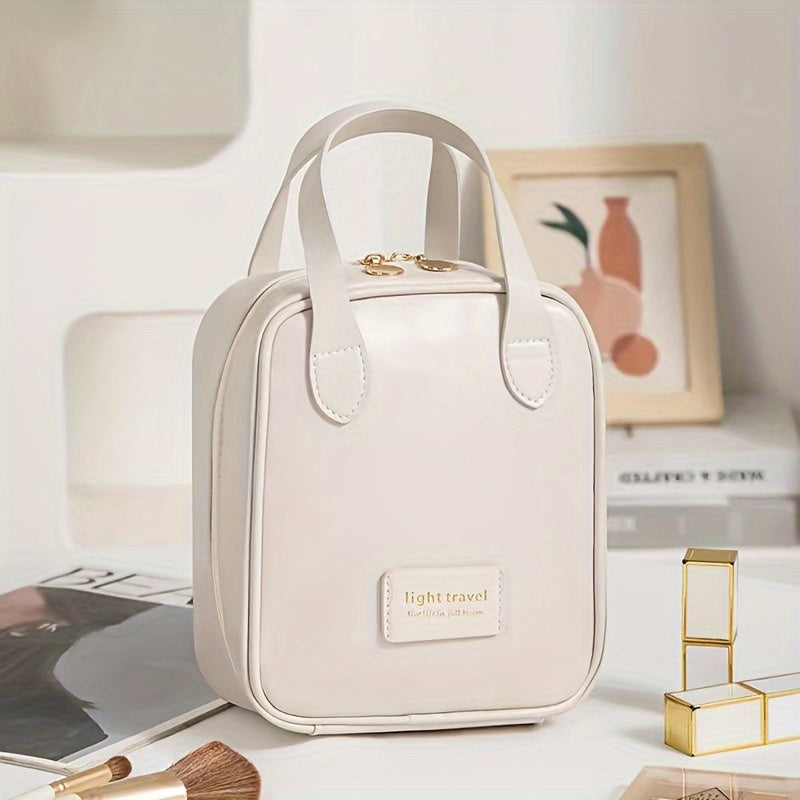 Large Capacity Travel Makeup Bag for Women - Waterproof Synthetic Leather Cosmetic Organizer with Dividers, Handle & Zipper Closure