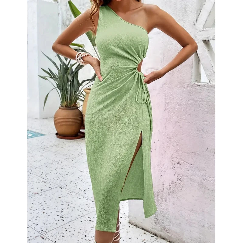 Beautiful Casual Asymmetrical One-Shoulder Hollow Out Waist Tie Midi Dress
