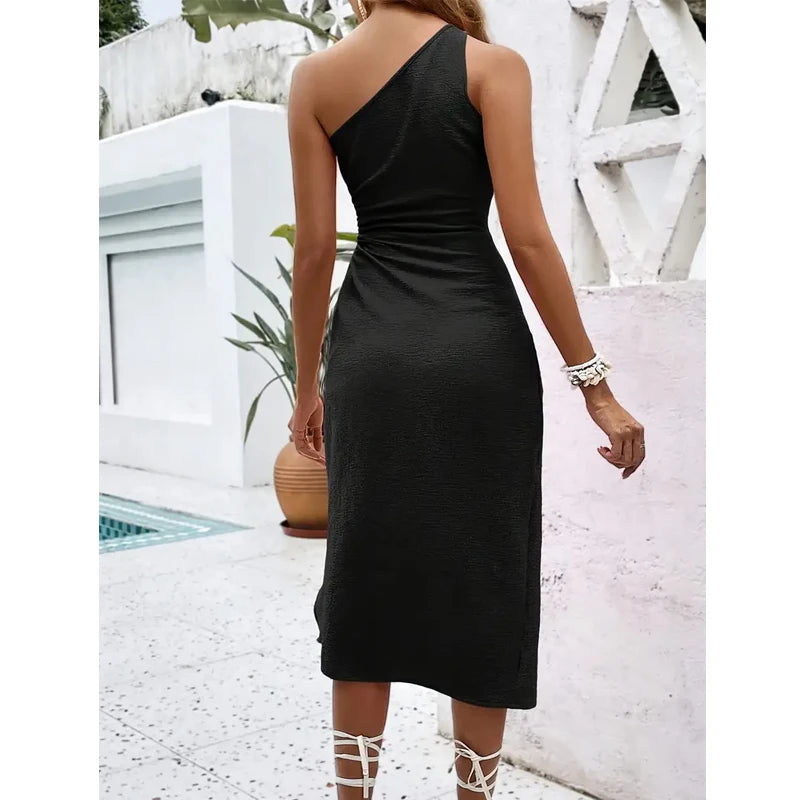 Beautiful Casual Asymmetrical One-Shoulder Hollow Out Waist Tie Midi Dress