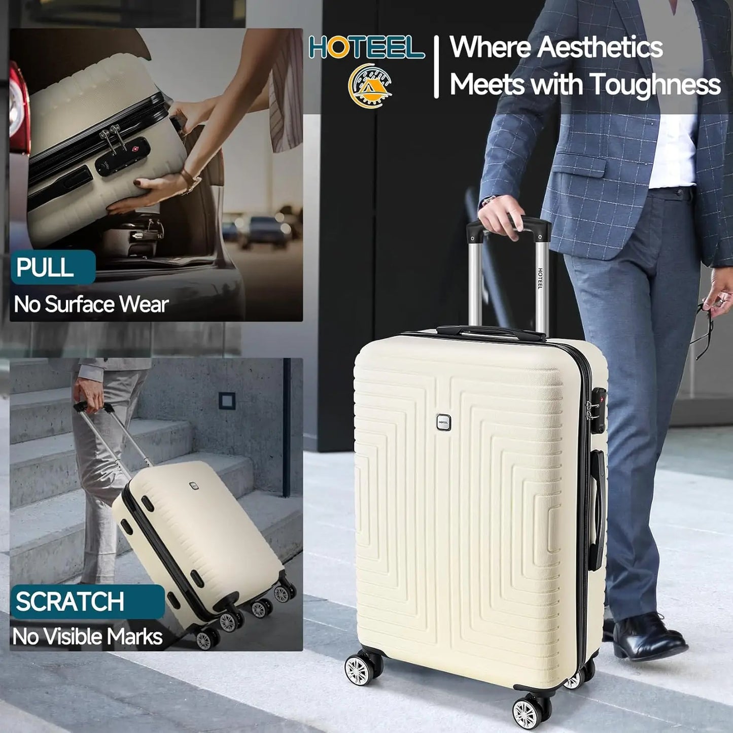 Beautiful 3 Pcs ABS+PC Hard Shell Carry On Suitcase Set with Wheels,TSA Approved Lock