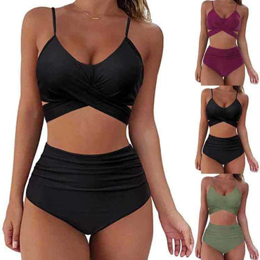Sexy Solid Color Wrap Top High Waist Women's Bikini Swimsuit