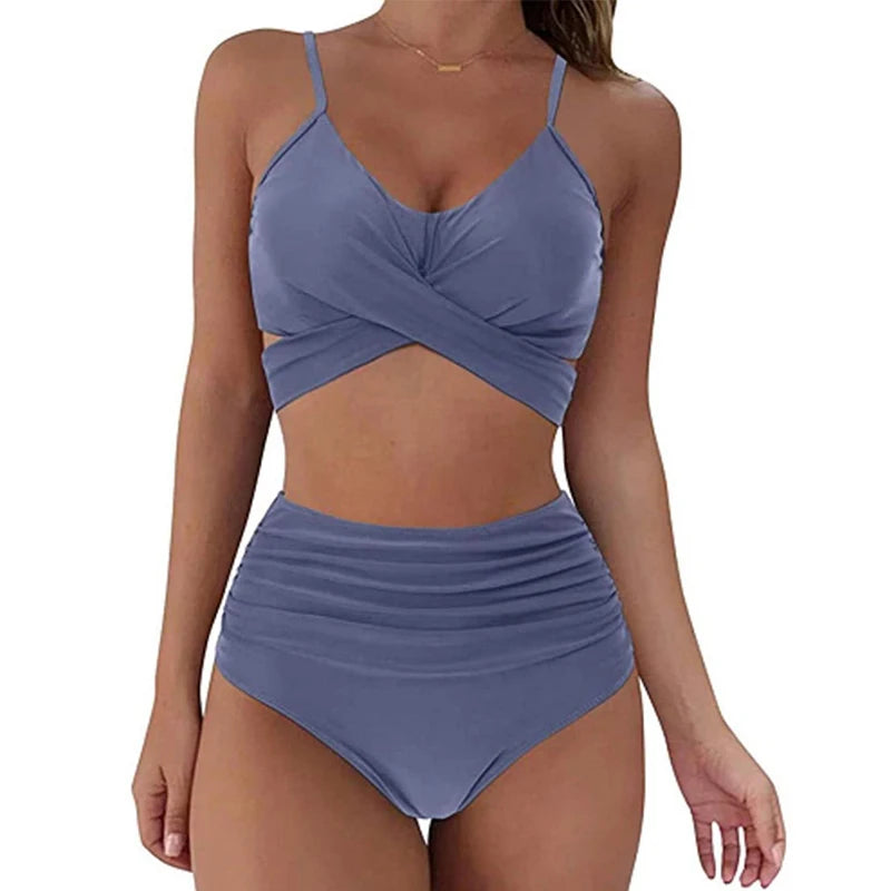 Sexy Solid Color Wrap Top High Waist Women's Bikini Swimsuit
