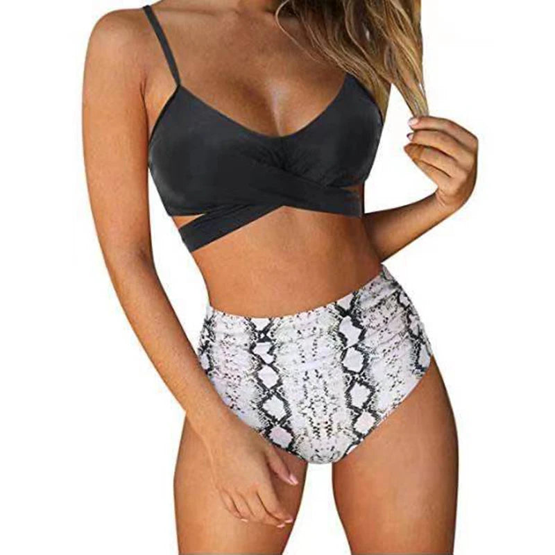 Sexy Solid Color Wrap Top High Waist Women's Bikini Swimsuit