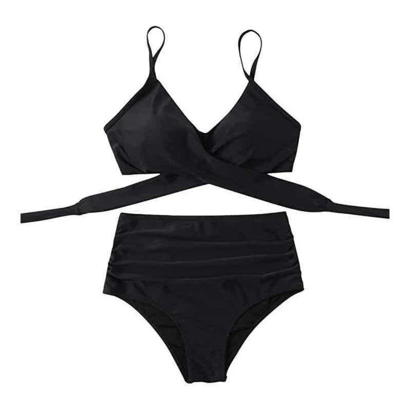 Sexy Solid Color Wrap Top High Waist Women's Bikini Swimsuit