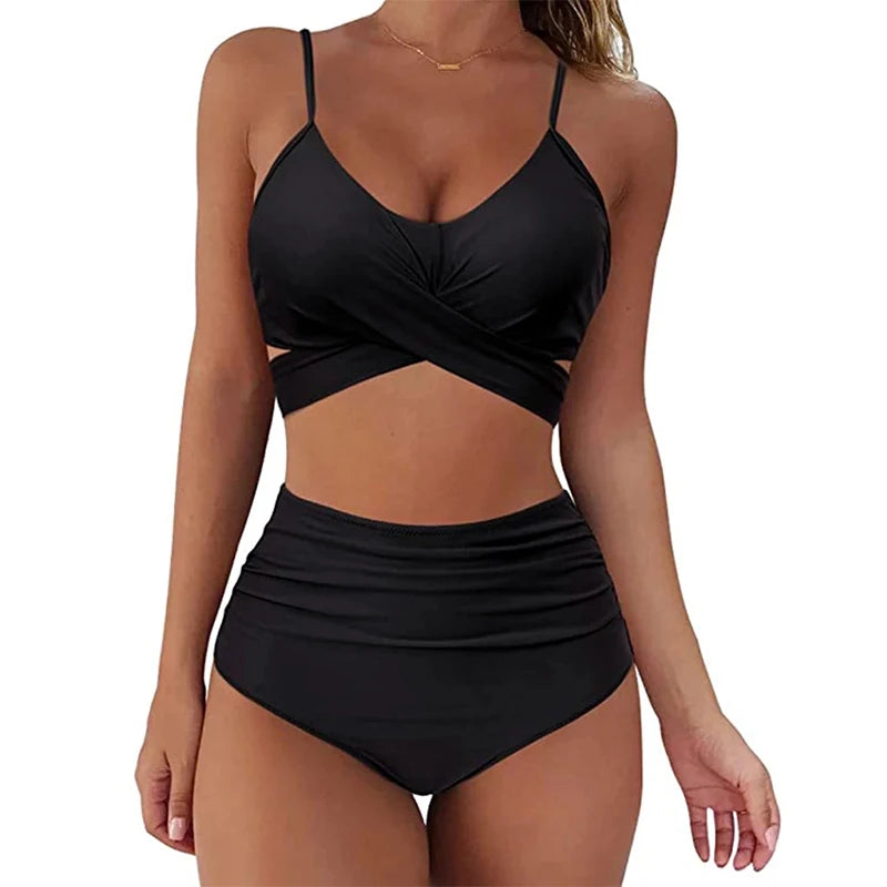 Sexy Solid Color Wrap Top High Waist Women's Bikini Swimsuit