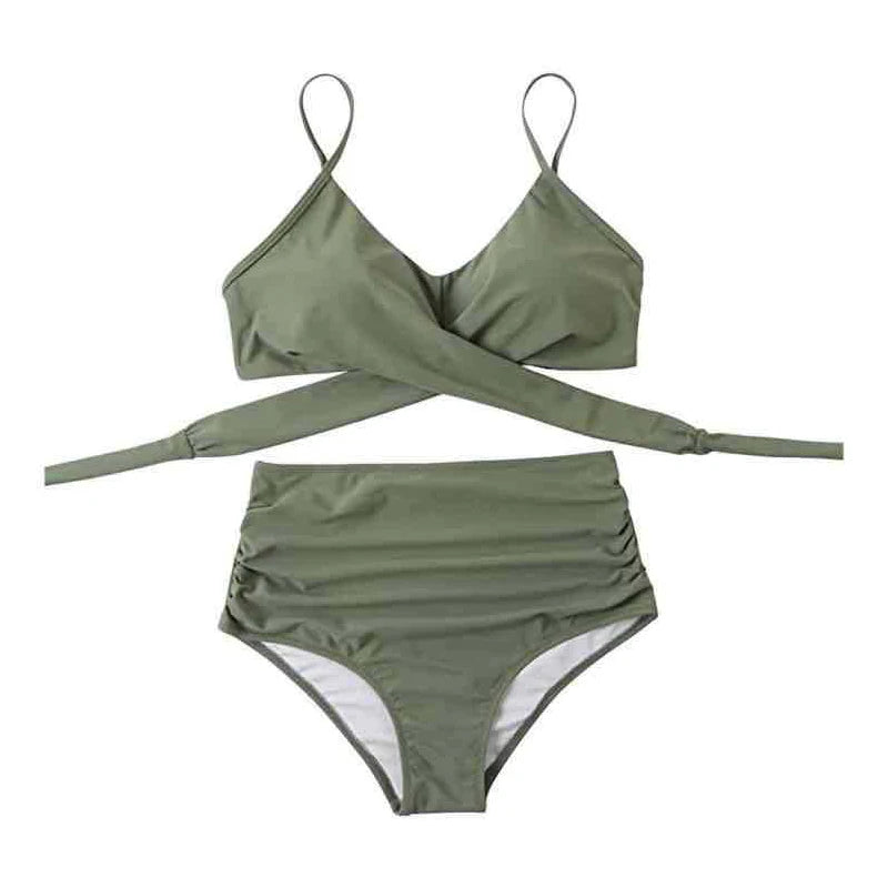 Sexy Solid Color Wrap Top High Waist Women's Bikini Swimsuit