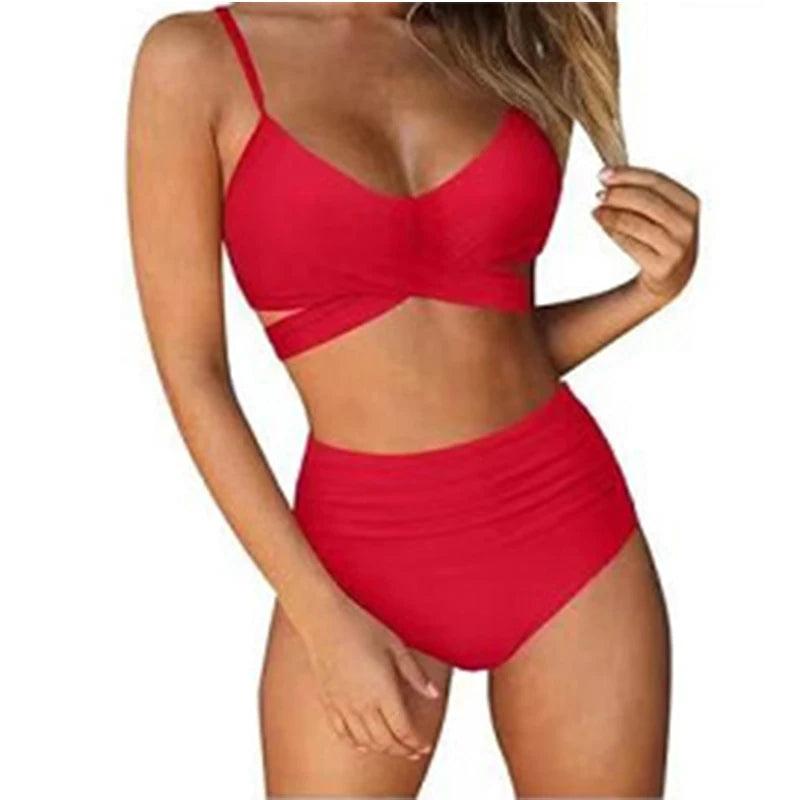 Sexy Solid Color Wrap Top High Waist Women's Bikini Swimsuit