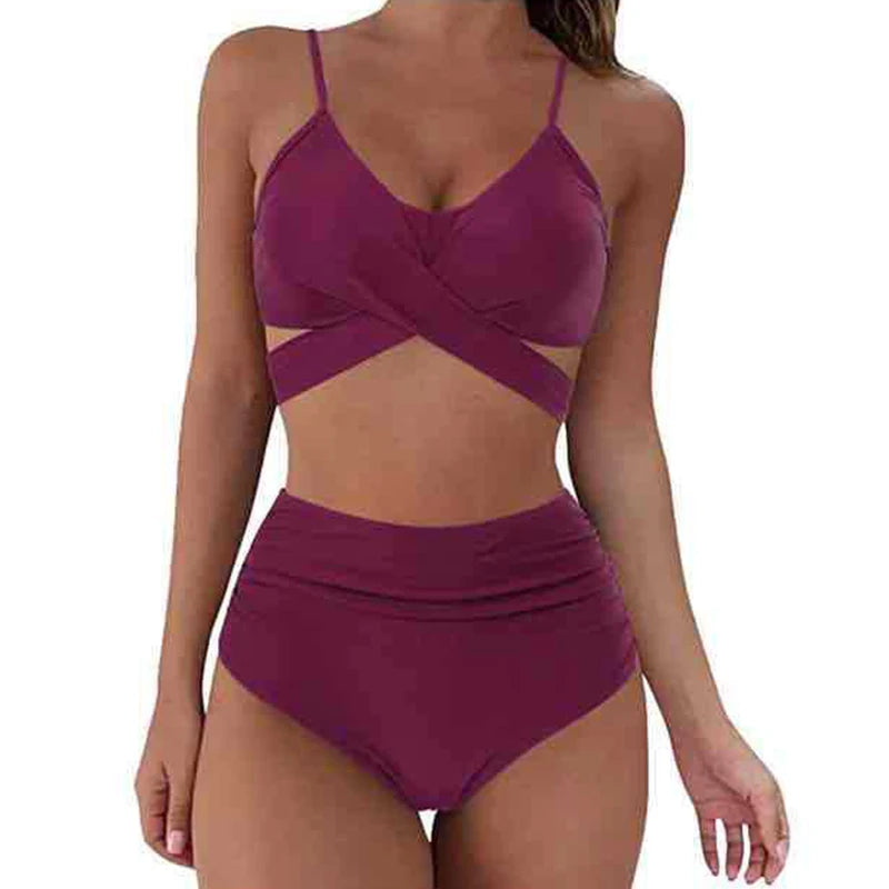 Sexy Solid Color Wrap Top High Waist Women's Bikini Swimsuit
