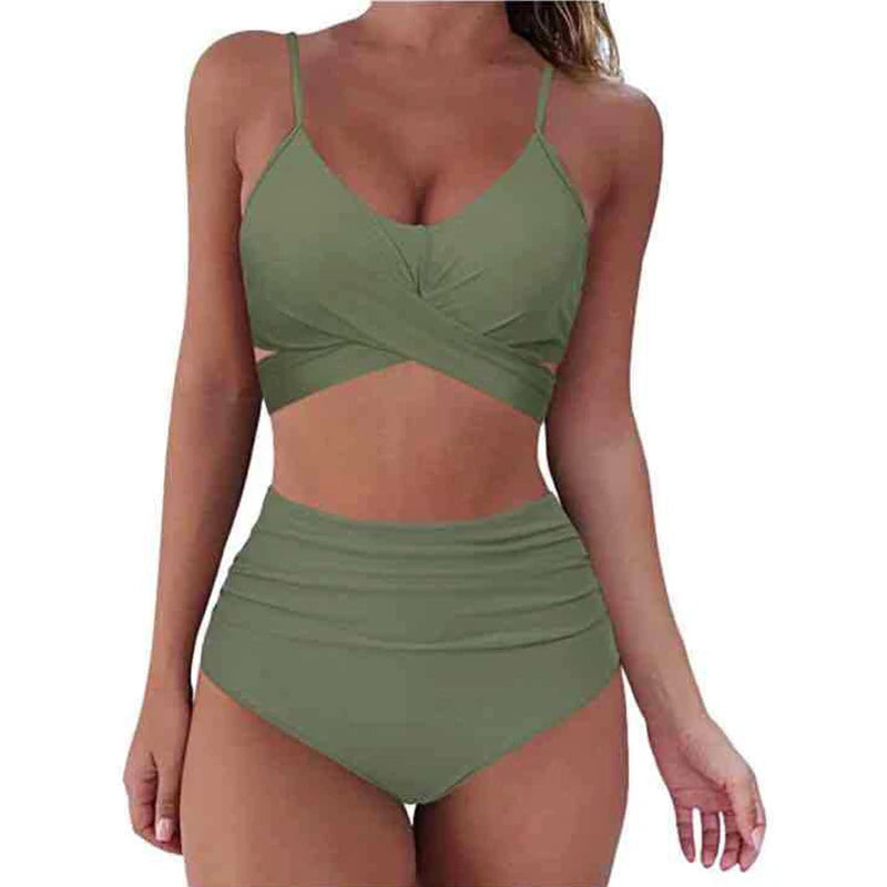 Sexy Solid Color Wrap Top High Waist Women's Bikini Swimsuit