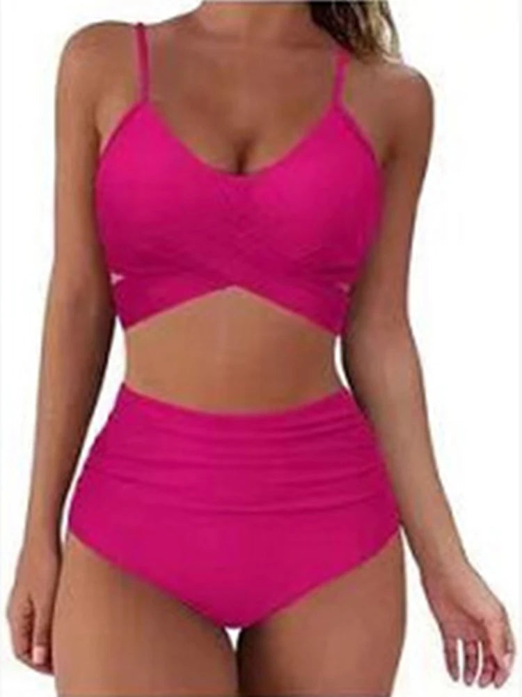 Sexy Solid Color Wrap Top High Waist Women's Bikini Swimsuit