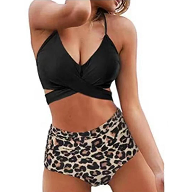 Sexy Solid Color Wrap Top High Waist Women's Bikini Swimsuit