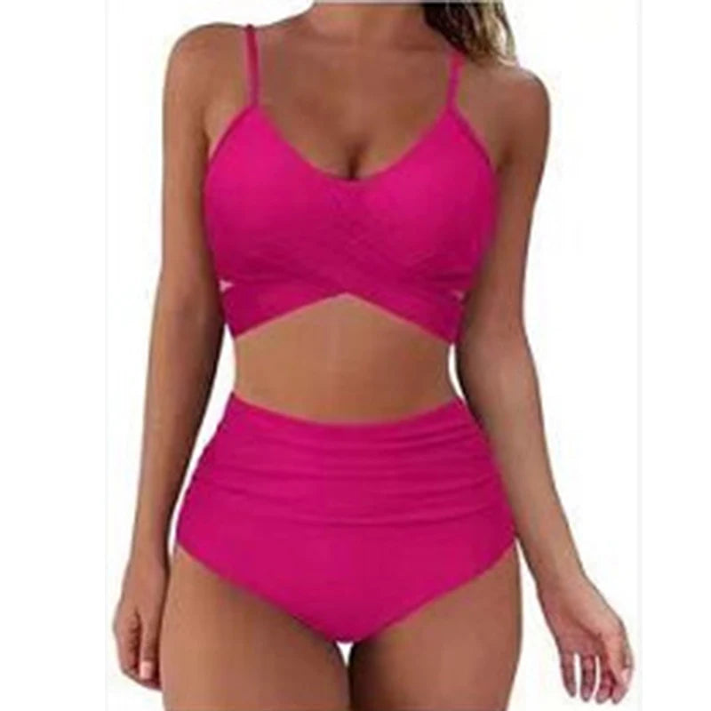 Sexy Solid Color Wrap Top High Waist Women's Bikini Swimsuit
