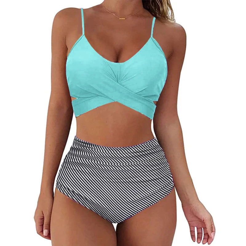 Sexy Solid Color Wrap Top High Waist Women's Bikini Swimsuit