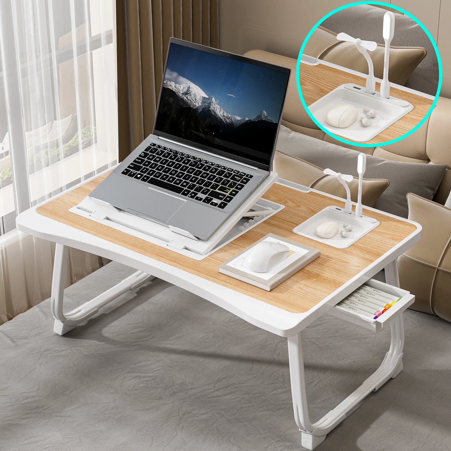 Foldable Laptop Bed Desk - Portable Adjustable Height Foldable Laptop Bed Desk with Wooden Surface
