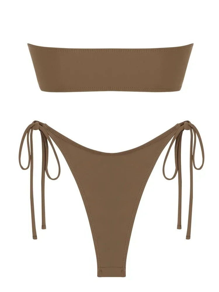 Sexy Strapless Gold Ring Accent Women's String Bikini Swimsuit