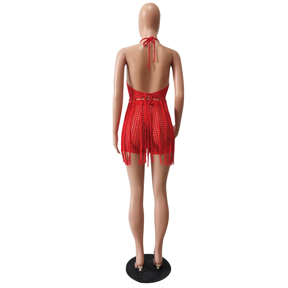 Beautiful 2 Piece Crochet Fringe Top & Shorts Beach Cover-Up Set