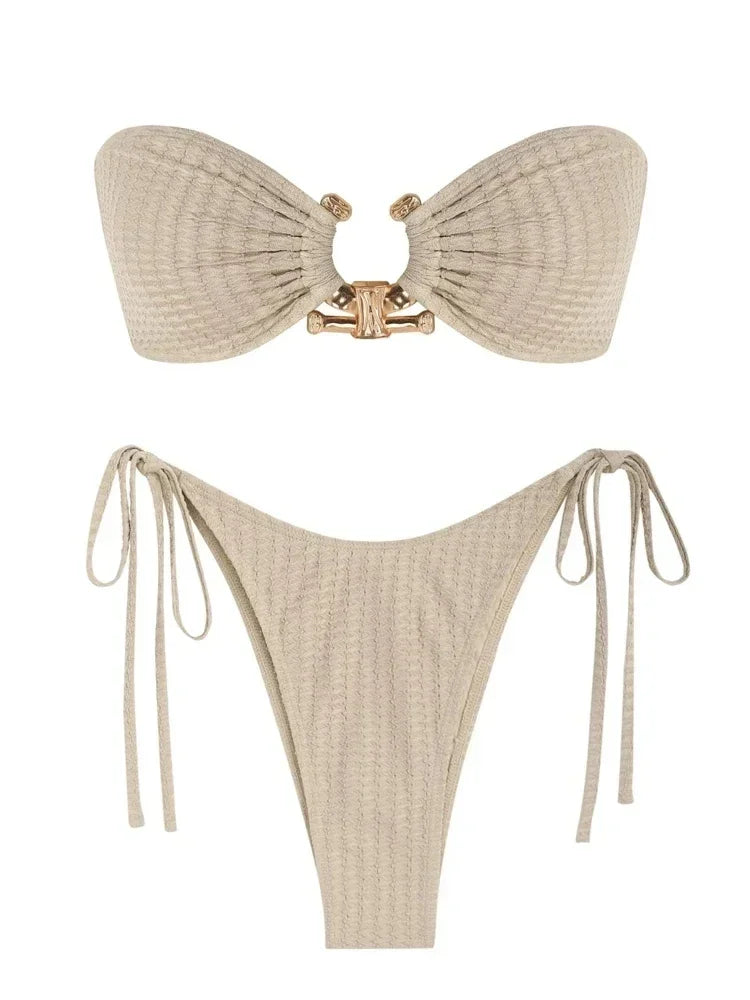 Sexy Strapless Gold Ring Accent Women's String Bikini Swimsuit