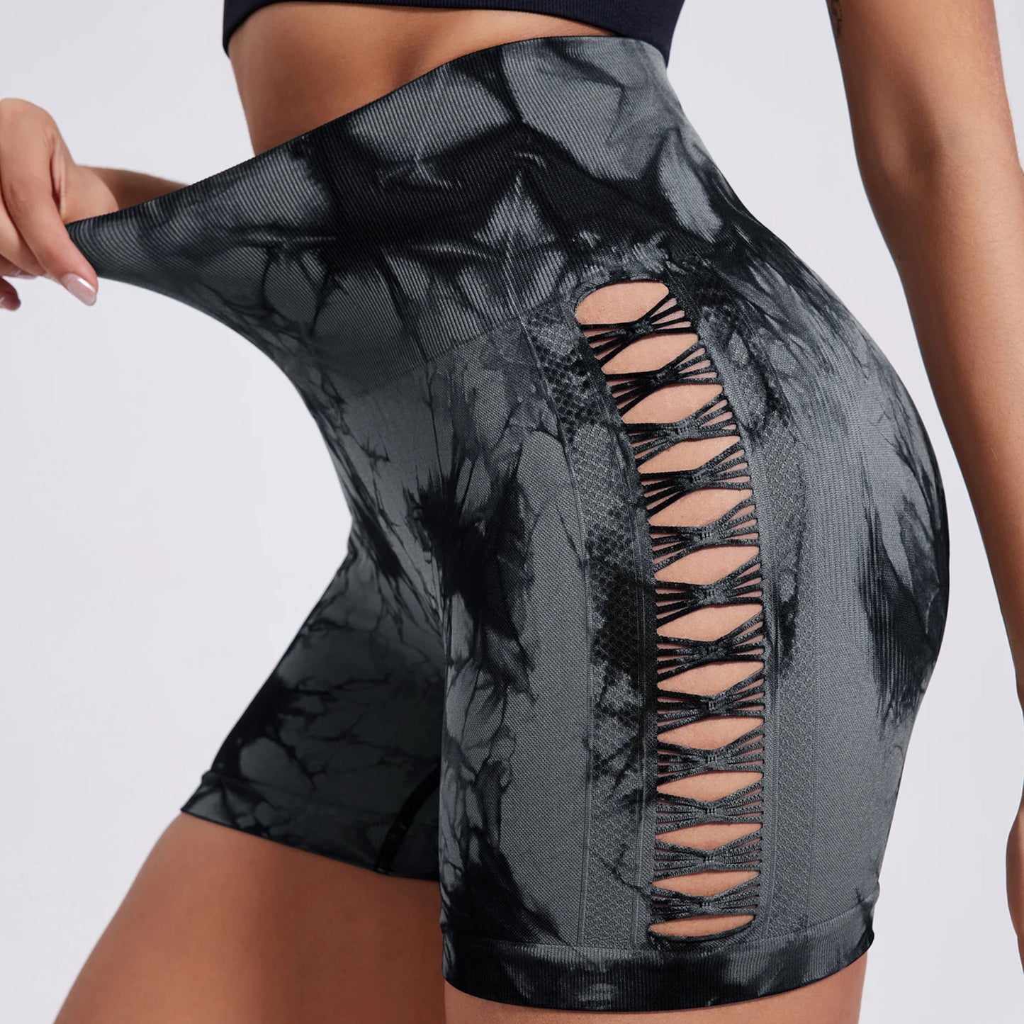 Sexy Tie Dye Hollow Out Side Seamless women's Yoga Shorts