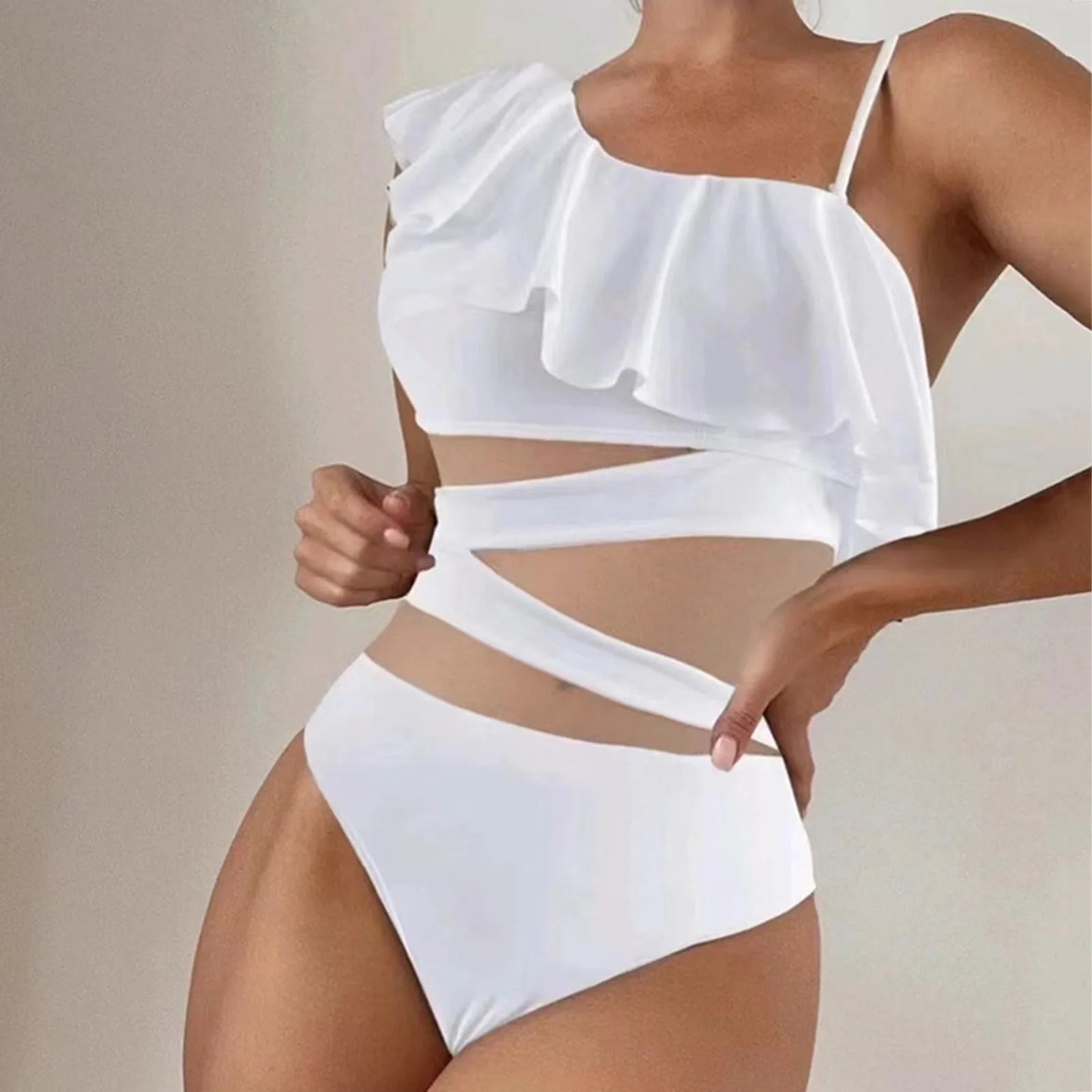 Sexy Mesh Cutout Asymmetrical Ruffle Trim Women's Monokini Swimsuit