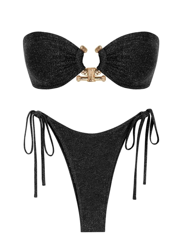 Sexy Strapless Gold Ring Accent Women's String Bikini Swimsuit