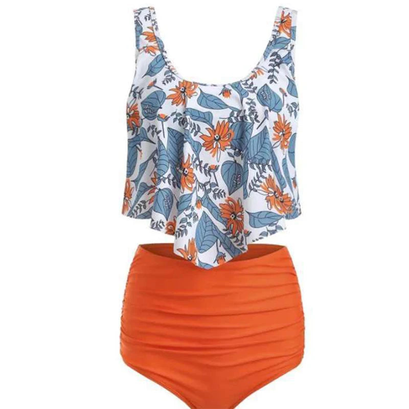 Beautiful Ruffle Hem Top & High Waist Mixed Print Tankini Swimsuit