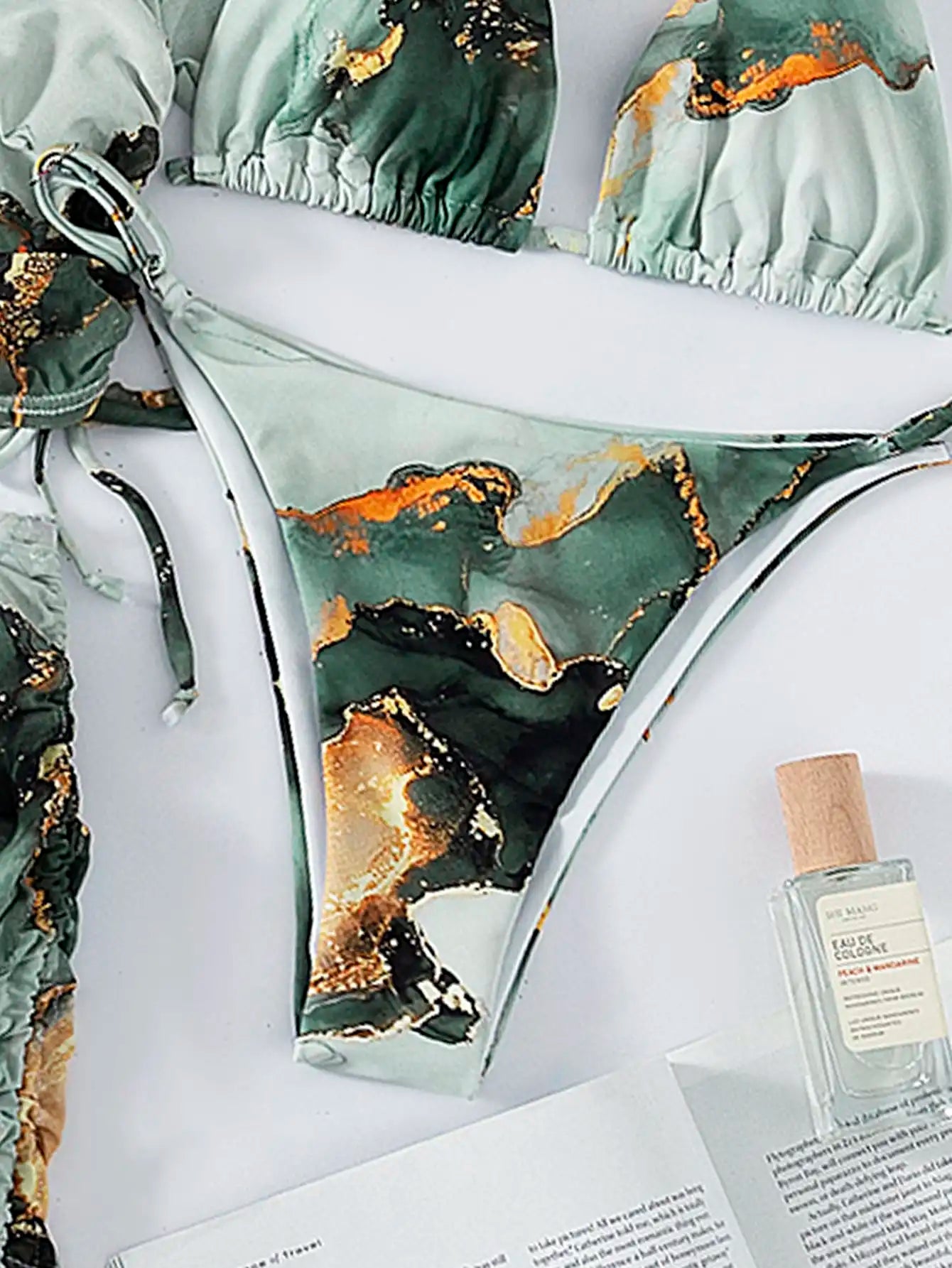 Sexy Green Marble Print 4 Pcs Halter Bikini, Coverup Crop Top & Skirt Set