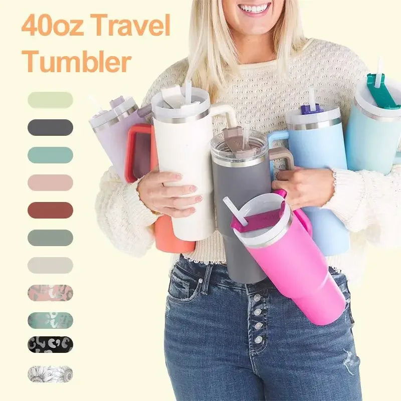 Cute Metallic Animal Print 40oz Insulated Thermal Travel Tumbler with Straw and Handle