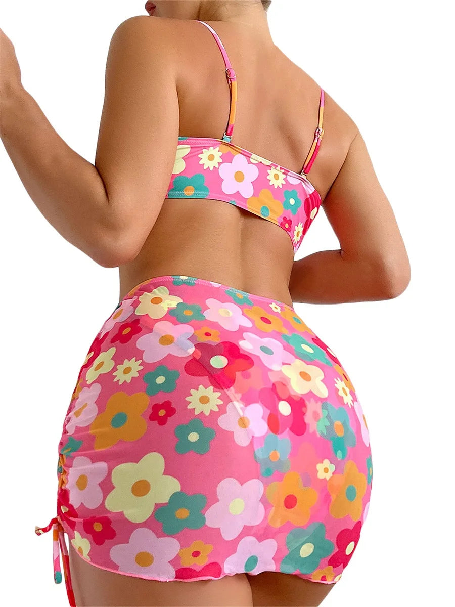 Beautiful 3pcs Floral Print Push Up Bra, Bikini & Cover Up Skirt Beach Set