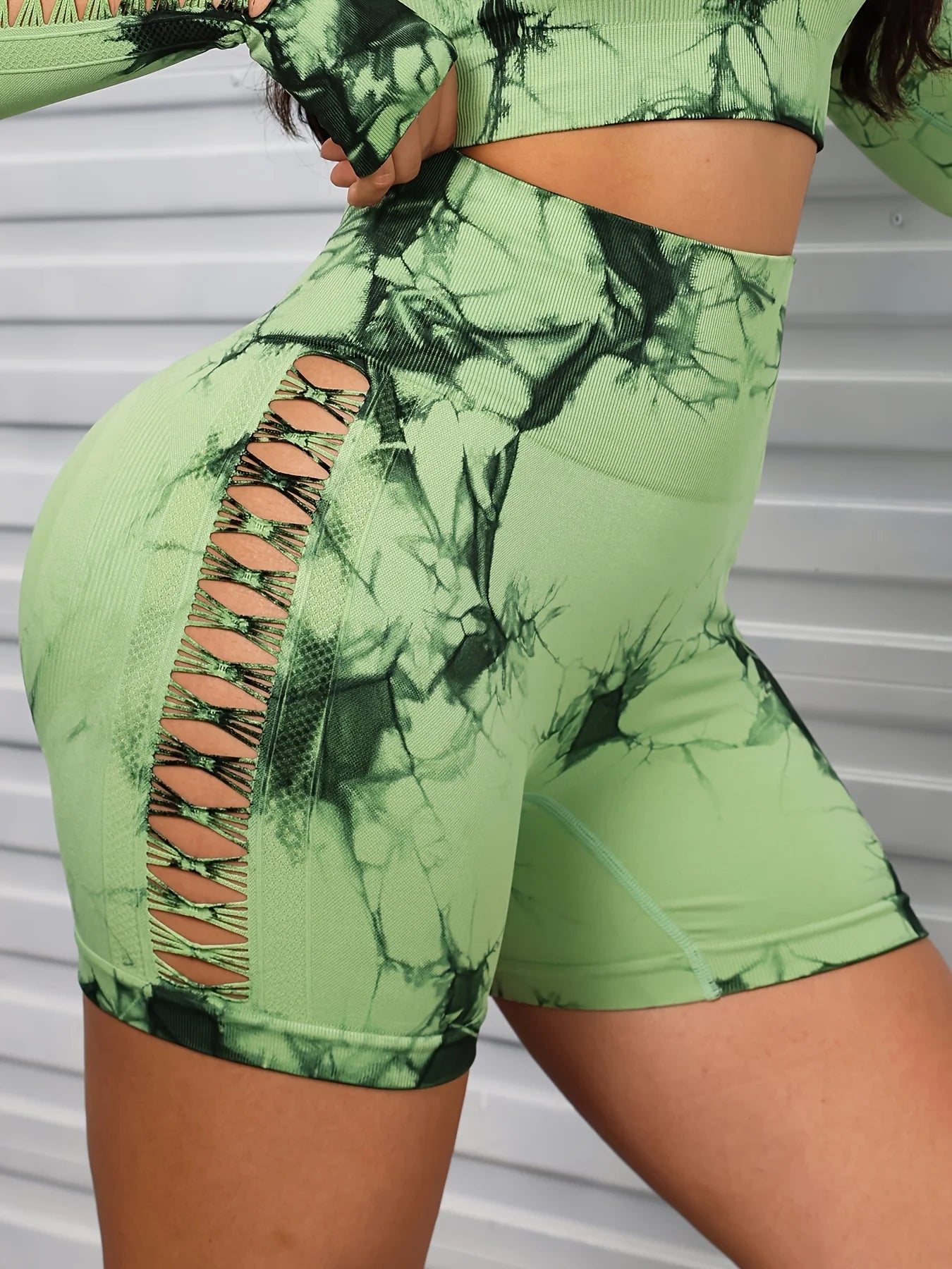 Sexy Tie Dye Hollow Out Side Seamless women's Yoga Shorts