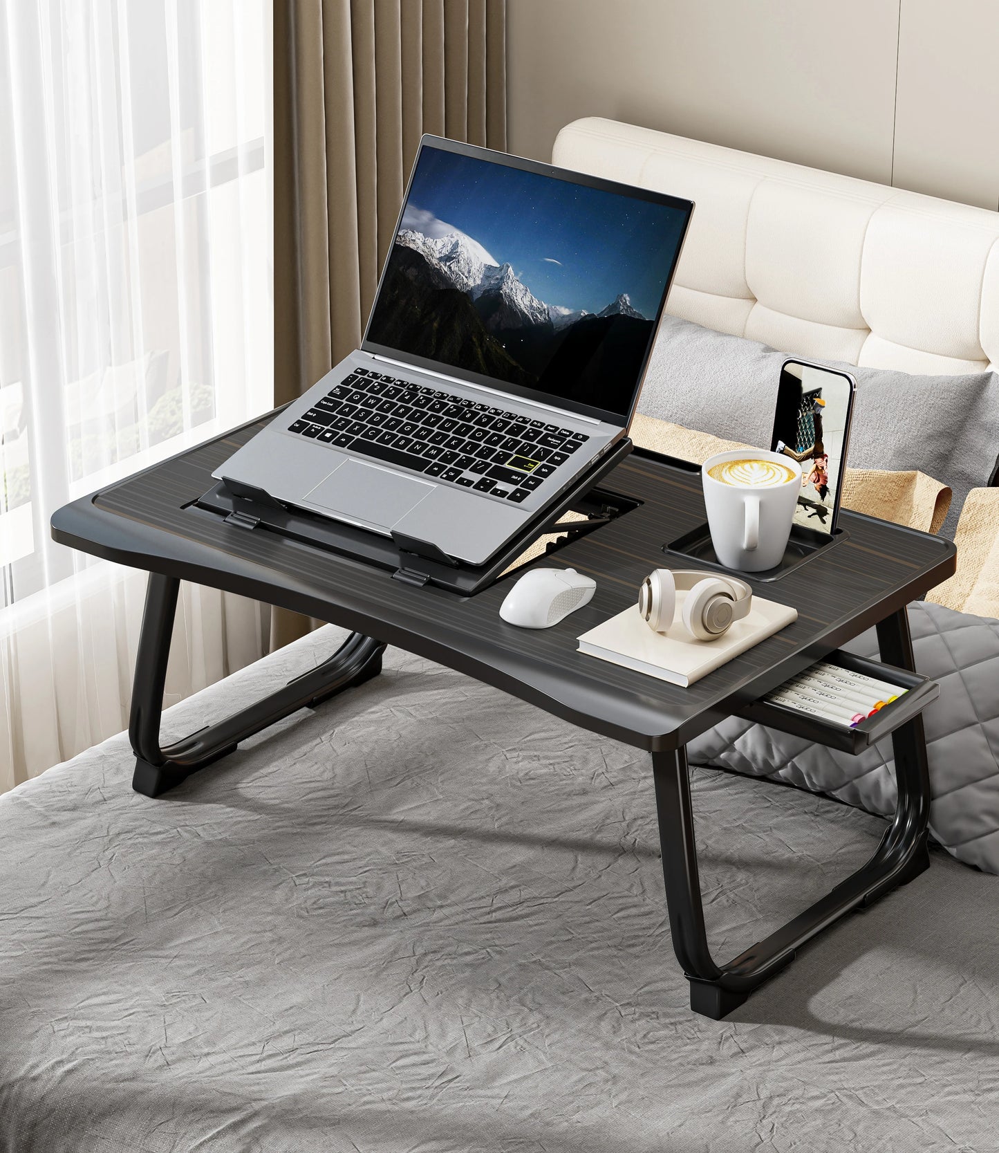 Foldable Laptop Bed Desk - Portable Adjustable Height Foldable Laptop Bed Desk with Wooden Surface