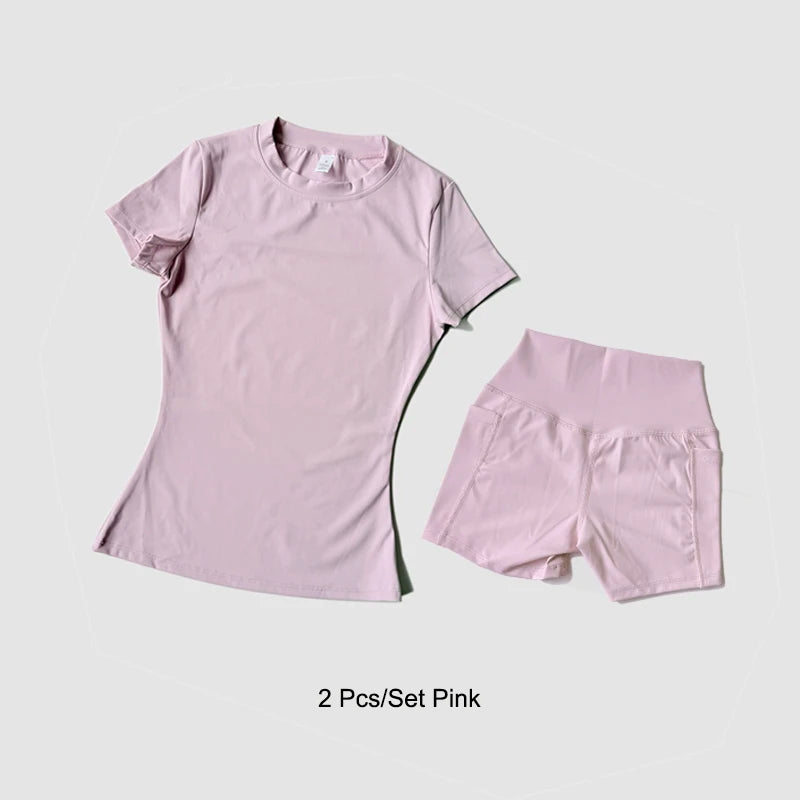 Cute Women's Seamless Short Sleeve Top & Gym Shorts Set