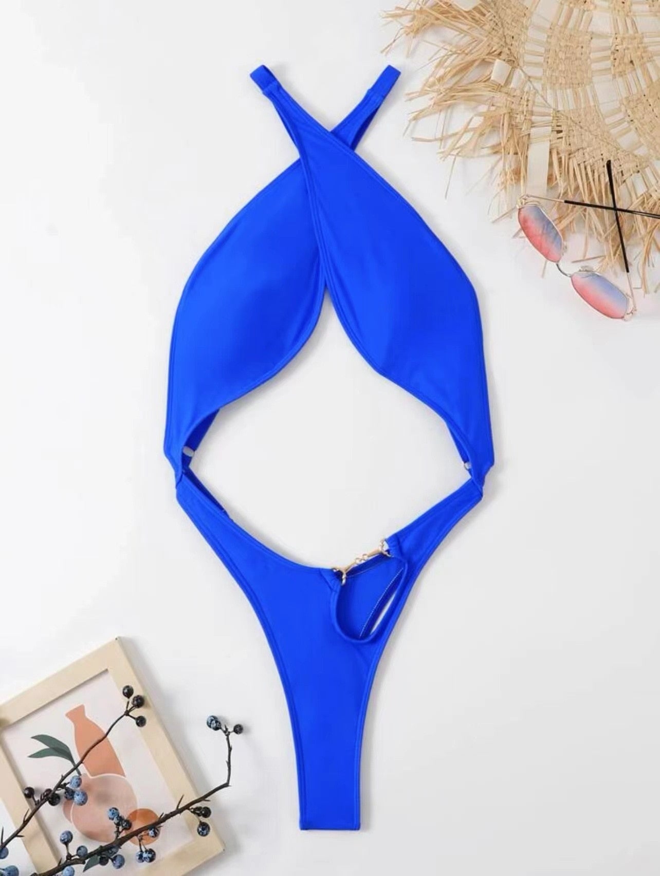Sexy Solid Halter Cross Push Up Cut Out Backless Micro Monokini Swimsuit