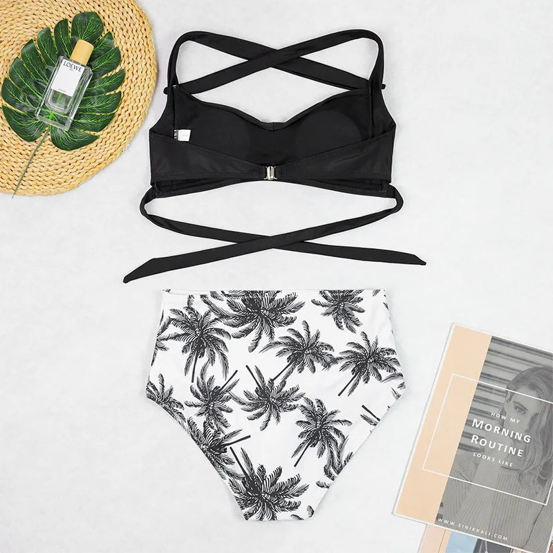 Sexy Padded Push-Up Bra & High Waisted Floral Print Bikini Bottom Women's Swimsuit