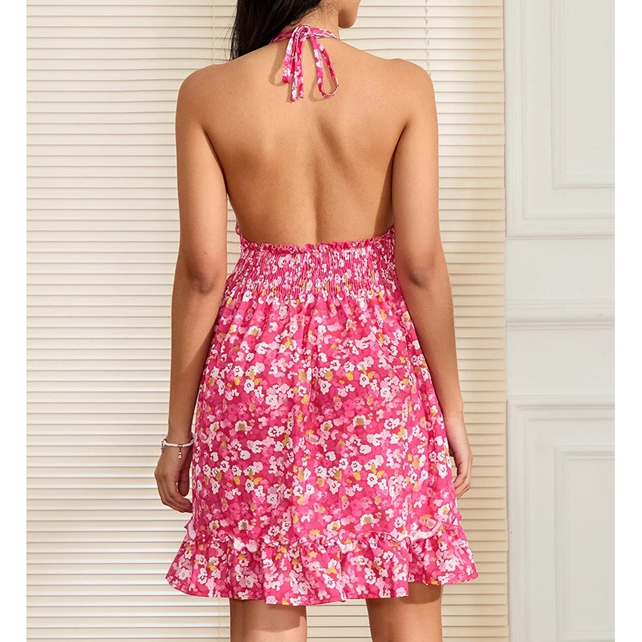 Elegant V-Neck Floral Print Ruffled Hem Open Back Mini Dress