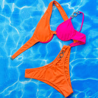 Sexy Underwire Color Blocking Asymmetrical Ring Buckle Bikini Swimsuit