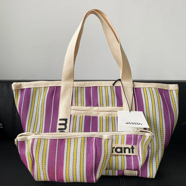 Casual Striped Design Woven Straw Travel Tote Bag