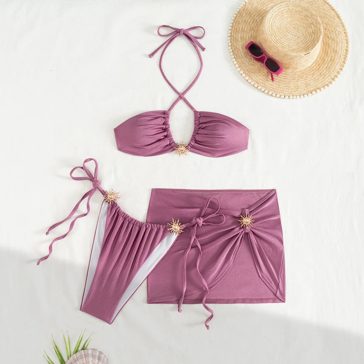 Sexy Golden Sun Accent 3 Pcs Bikini Swimsuit & Cover Up Skirt Set