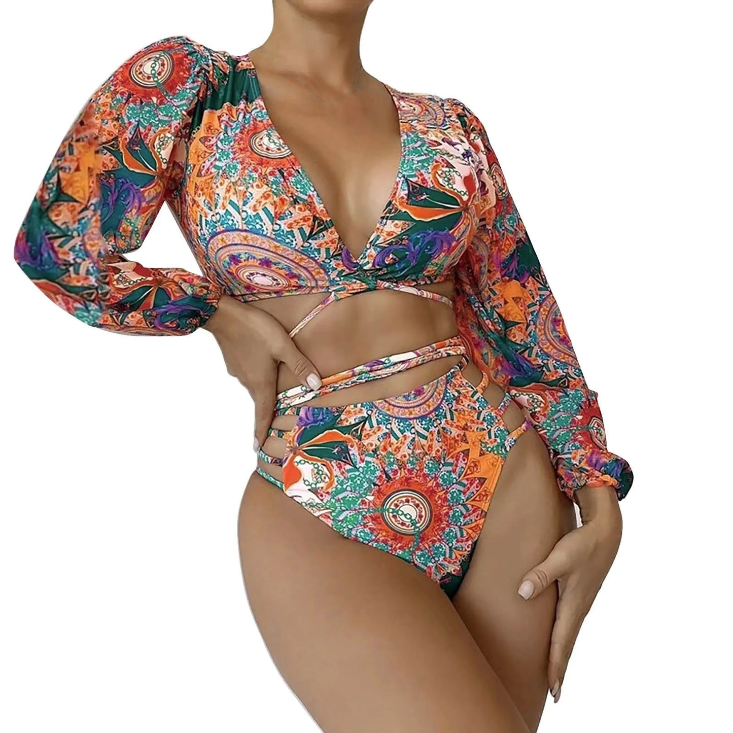 Sexy Vintage Pattern Long Sleep Wrap Top & Bikini Women's Swimsuit