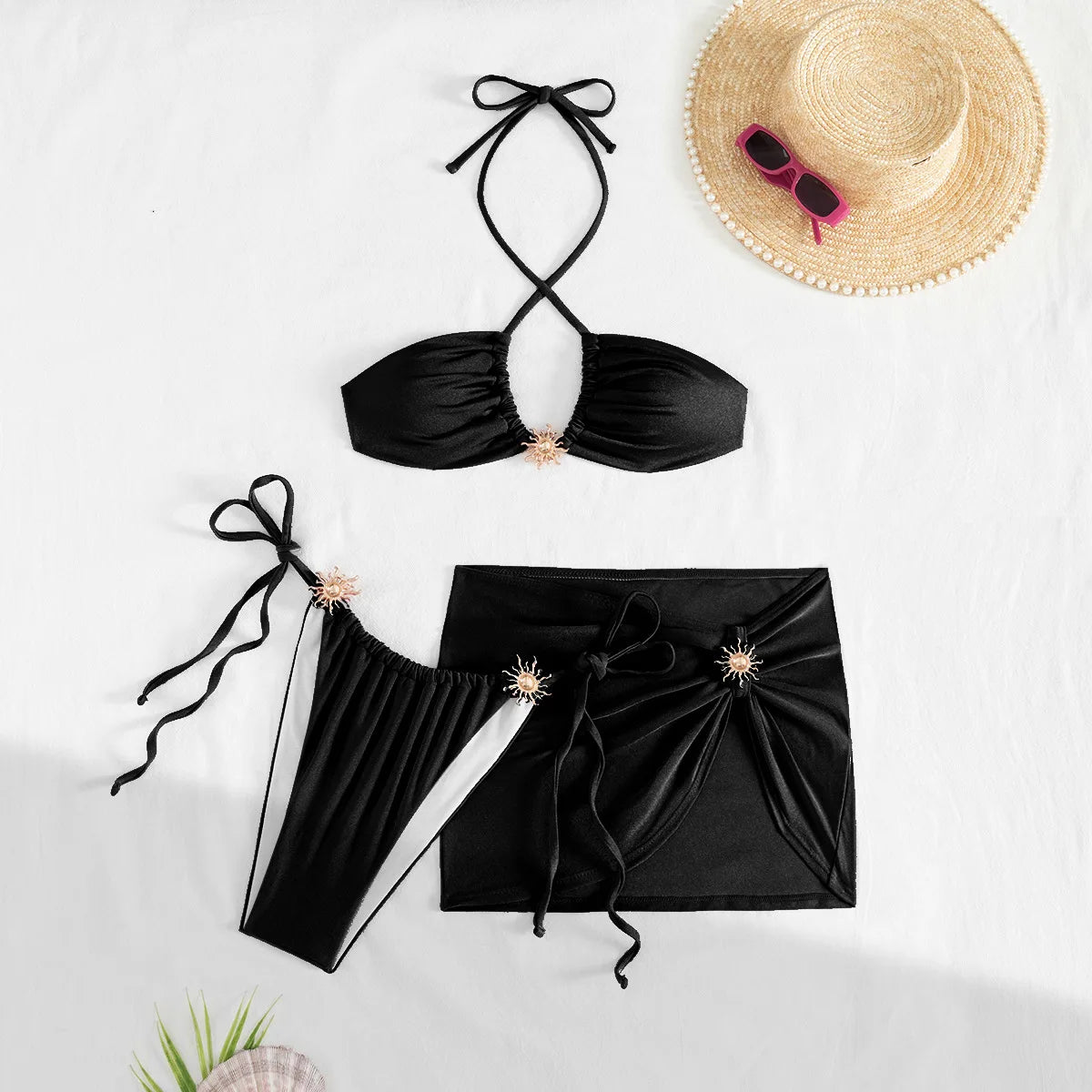 Sexy Golden Sun Accent 3 Pcs Bikini Swimsuit & Cover Up Skirt Set