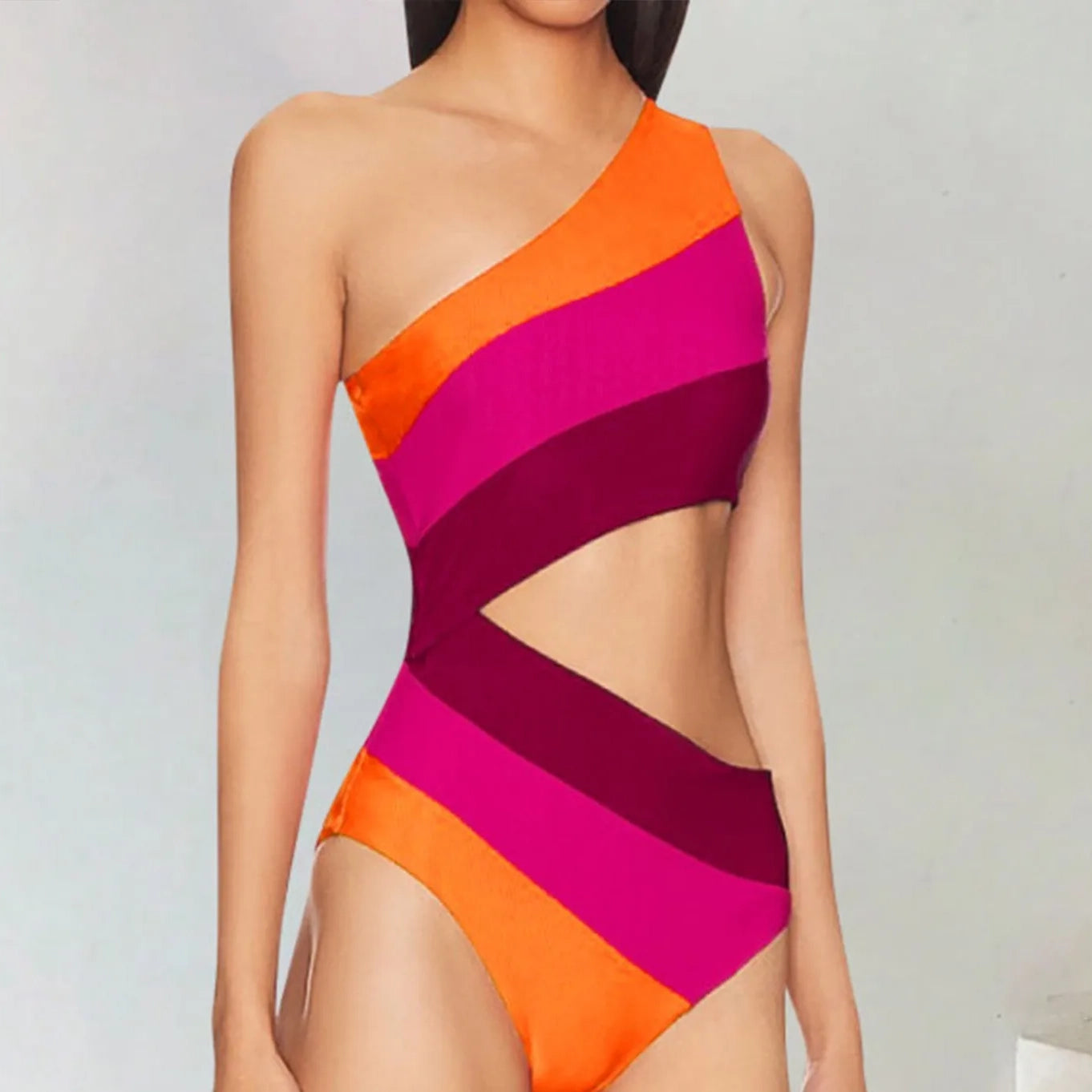 Sexy Cutout Color Block One Shoulder Monokini Swimsuit