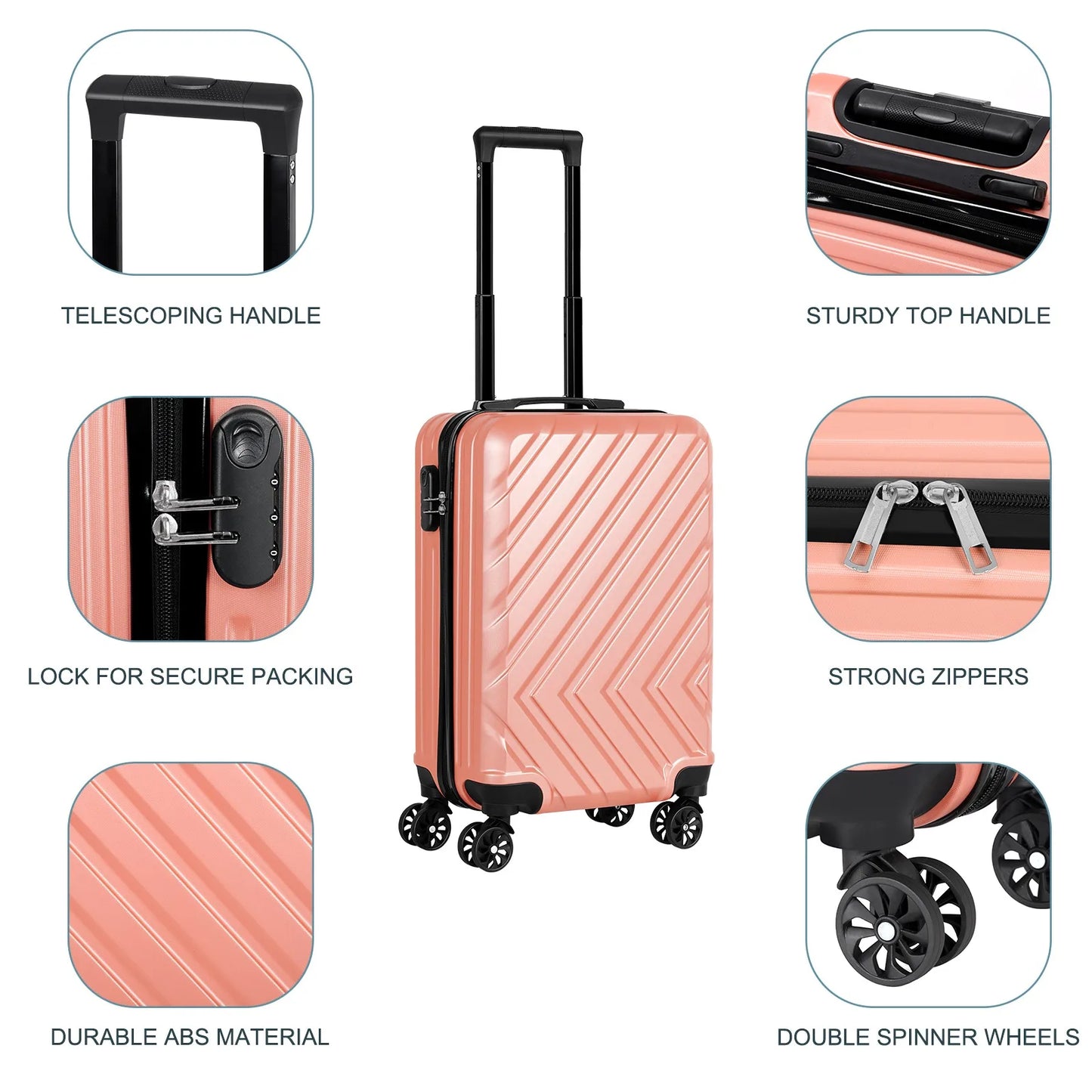 Sleek Stylish Carry-on Suitcase with 20" Handles, Spinner Wheels and TSA Lock