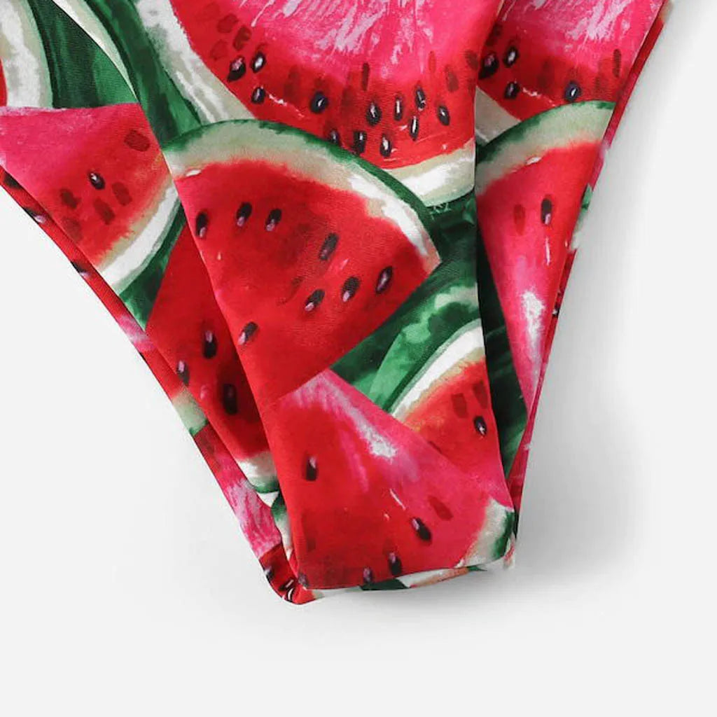 Cute Watermelon Print Strapless Top & High Cut Bikini Women's Swimsuit