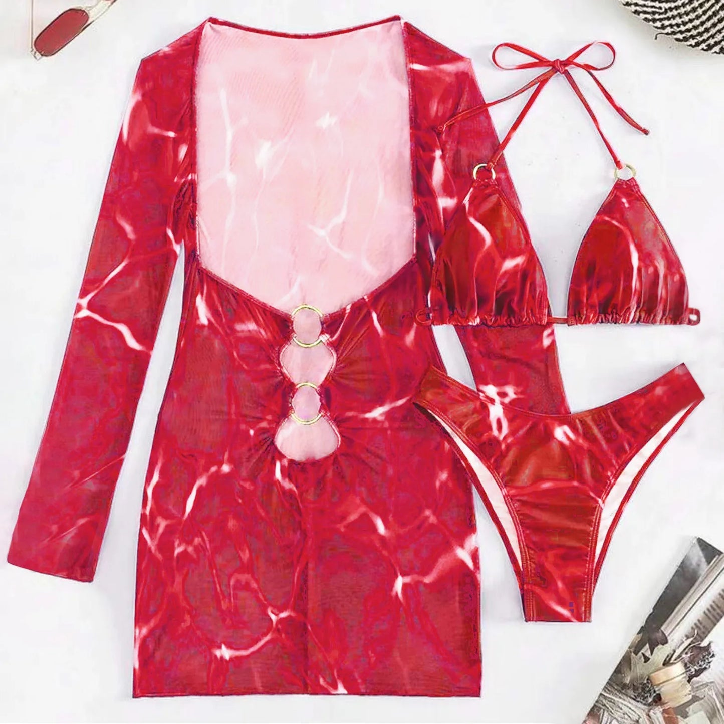 Sexy Print Hollow Out Women's 3 Pcs Cover Dress & Bikini Set