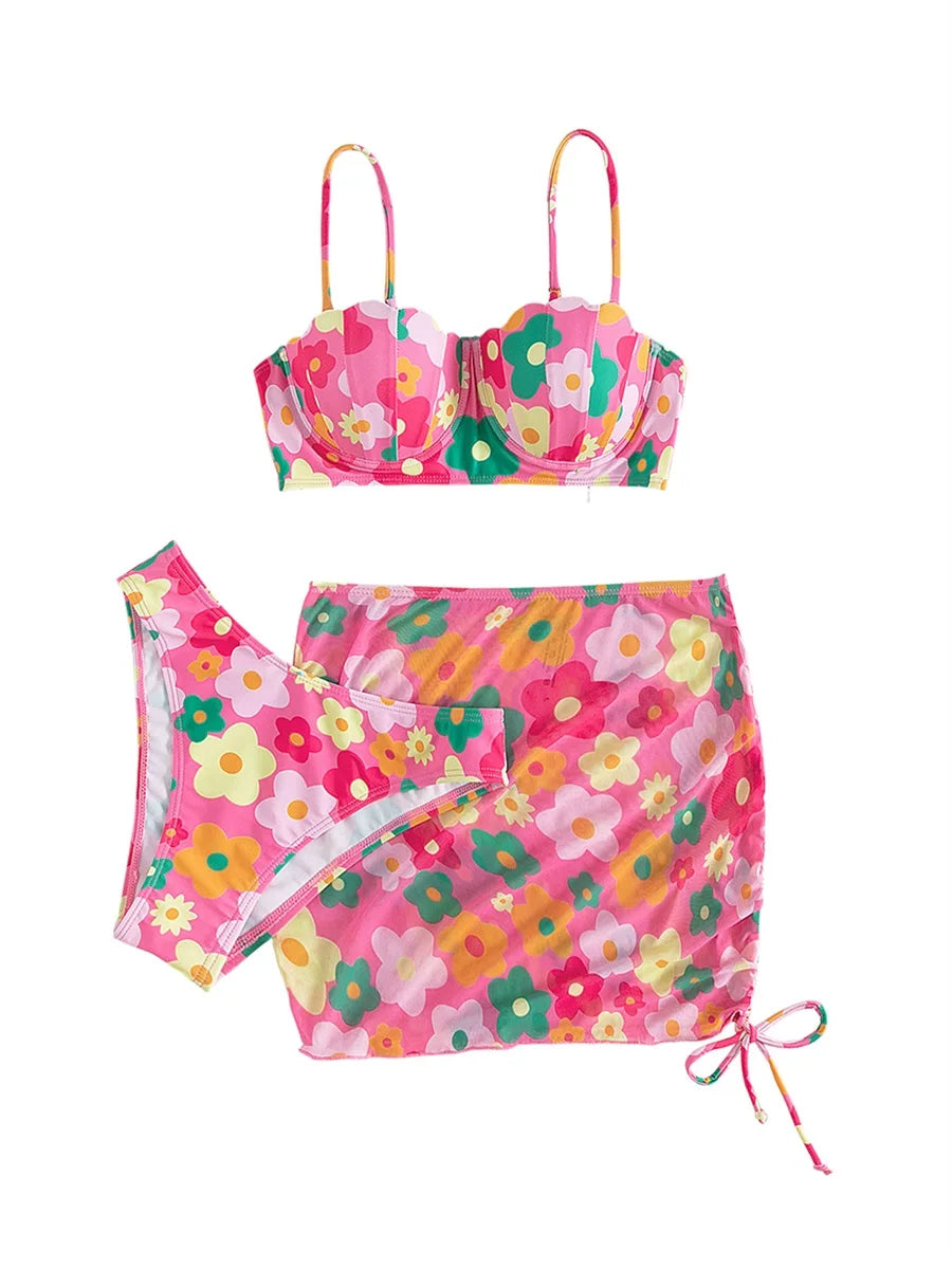 Beautiful 3pcs Floral Print Push Up Bra, Bikini & Cover Up Skirt Beach Set