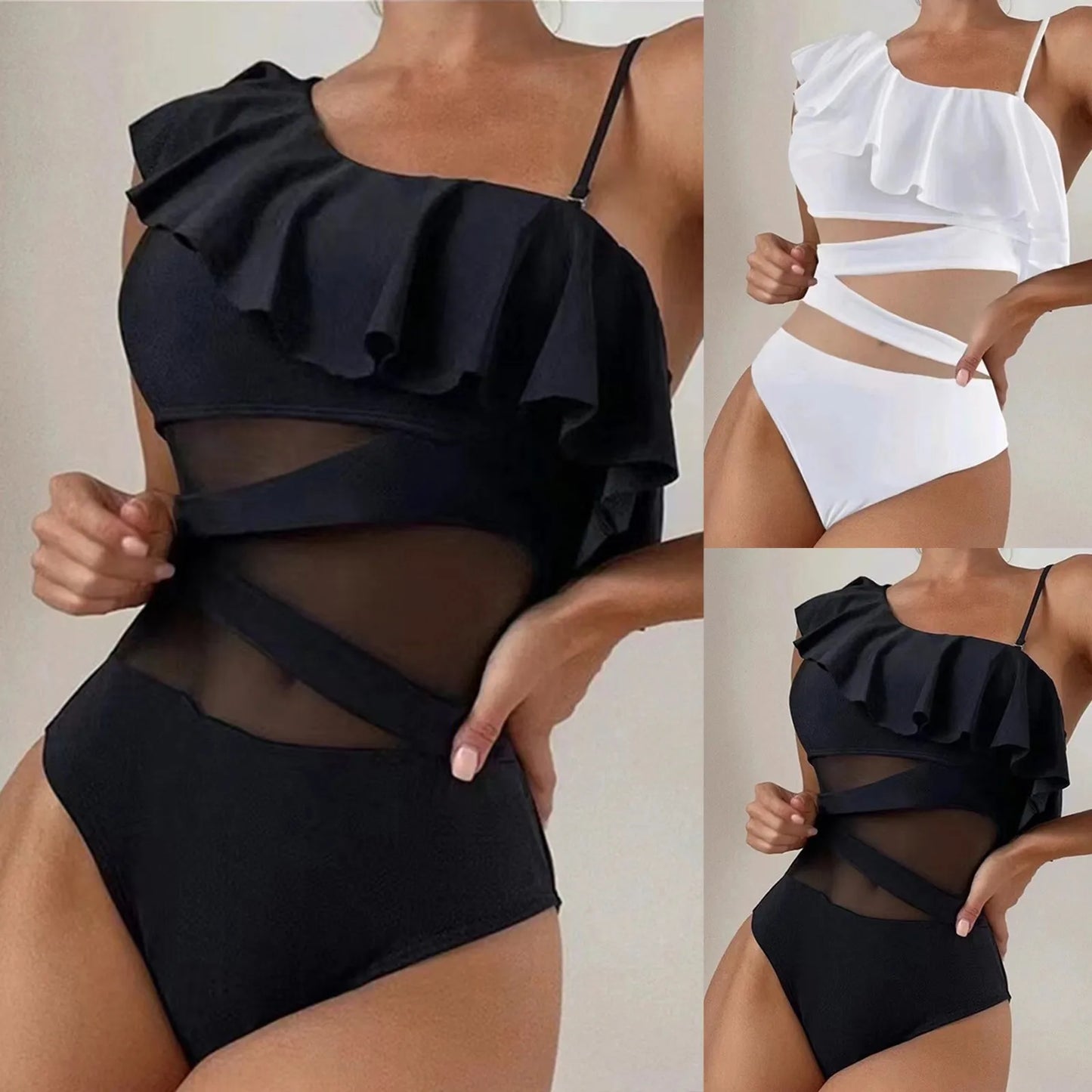 Sexy Mesh Cutout Asymmetrical Ruffle Trim Women's Monokini Swimsuit