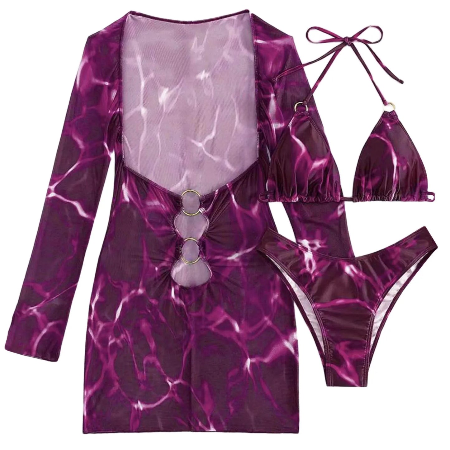 Sexy Print Hollow Out Women's 3 Pcs Cover Dress & Bikini Set