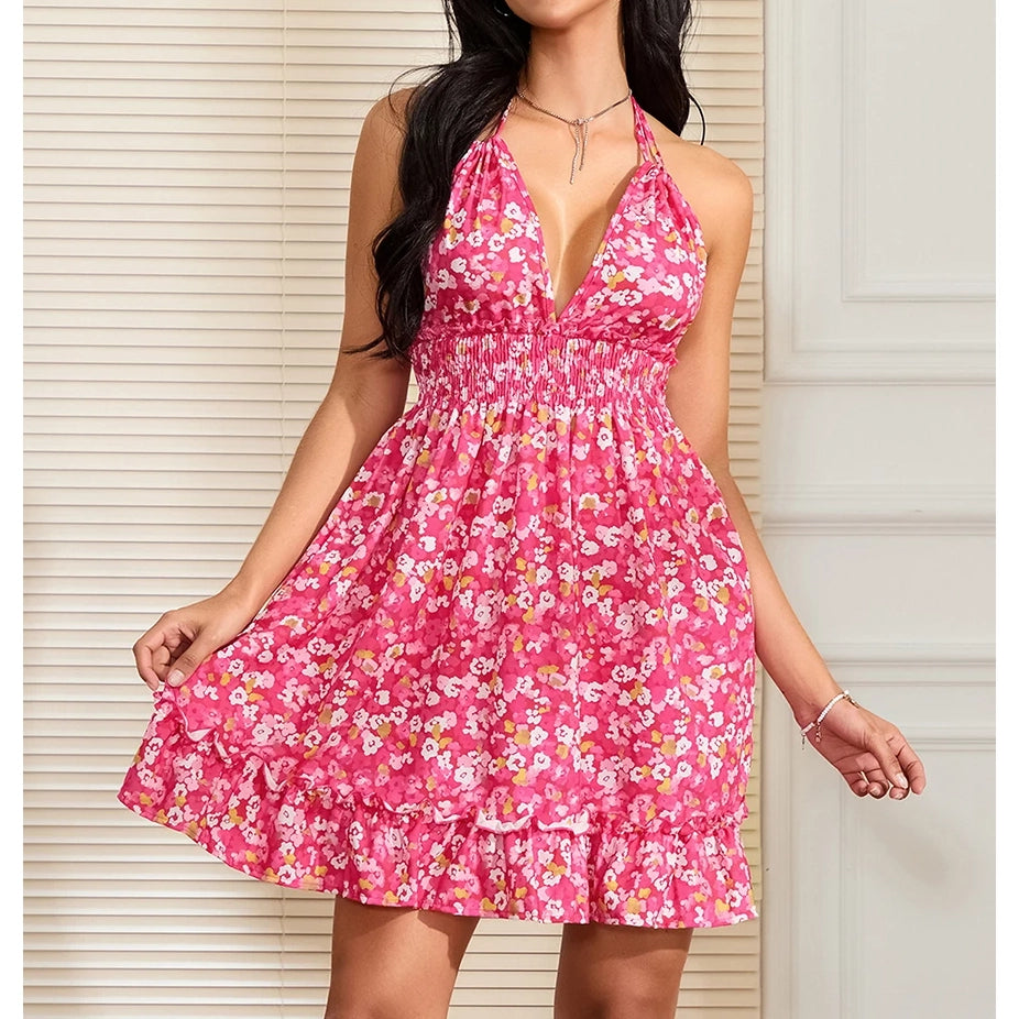 Elegant V-Neck Floral Print Ruffled Hem Open Back Mini Dress