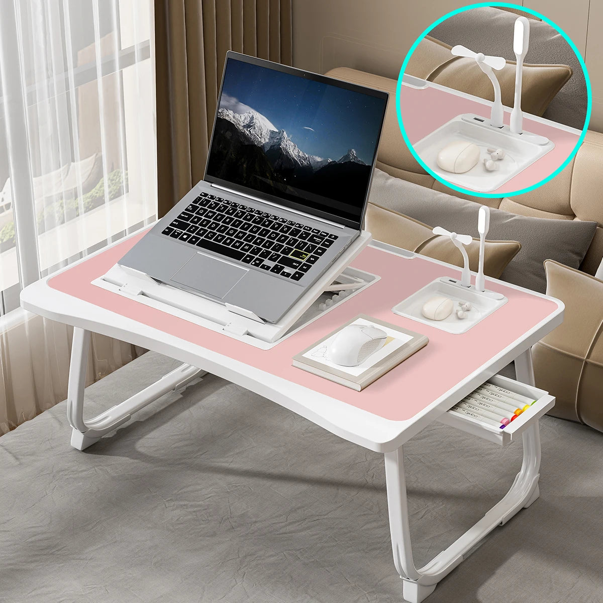 Foldable Laptop Bed Desk - Portable Adjustable Height Foldable Laptop Bed Desk with Wooden Surface