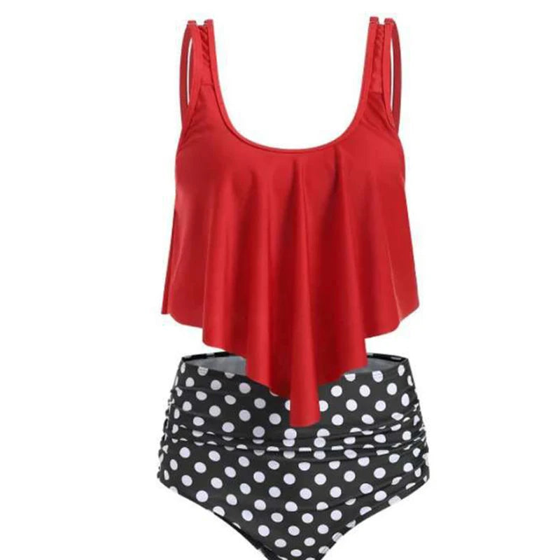 Beautiful Ruffle Hem Top & High Waist Mixed Print Tankini Swimsuit